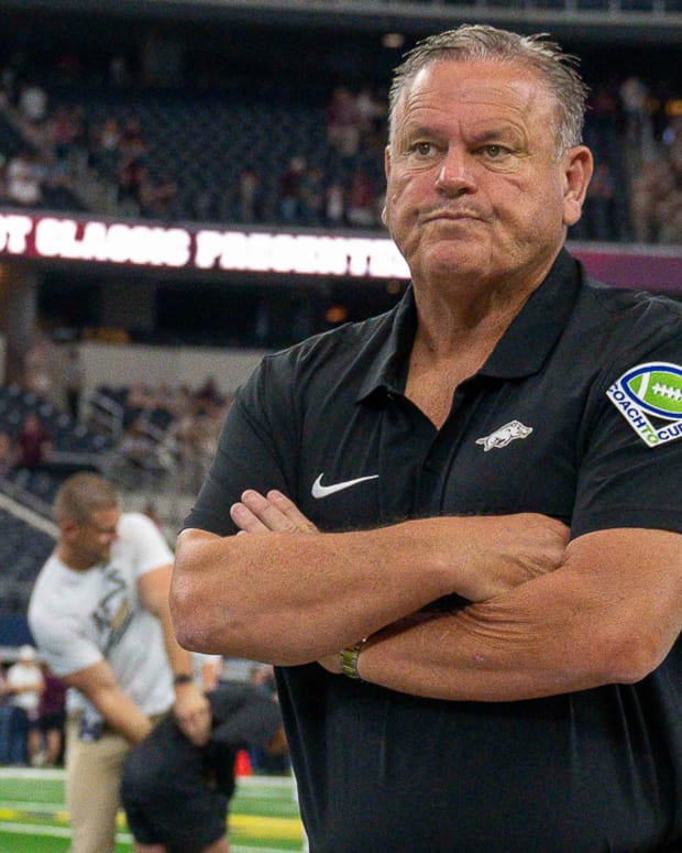 Razorbacks coach Sam Pittman in game against Texas A&M at AT&T Stadium